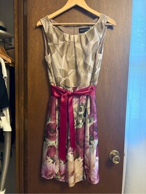 Floral Fit-and-Flare Dress with Satin Magenta Waist Tie
